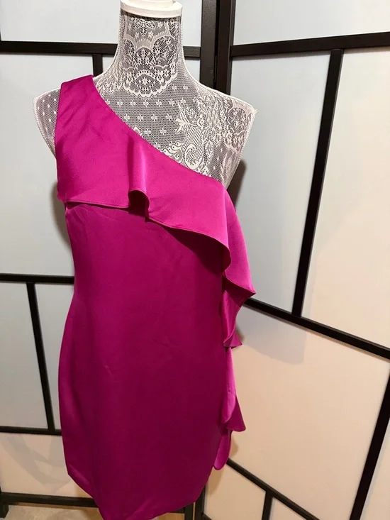 Nine West One-Shoulder Ruffle Cocktail Dress - Bright Pink - Picture 1 of 5